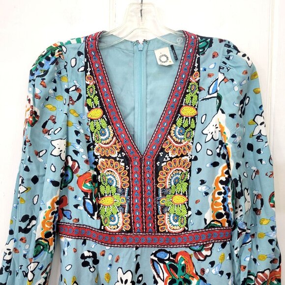 Akemi + Kin Bohemian Beaded Floral Midi Dress With V-Neck & Long Sleeves Anthrop - Picture 2 of 8